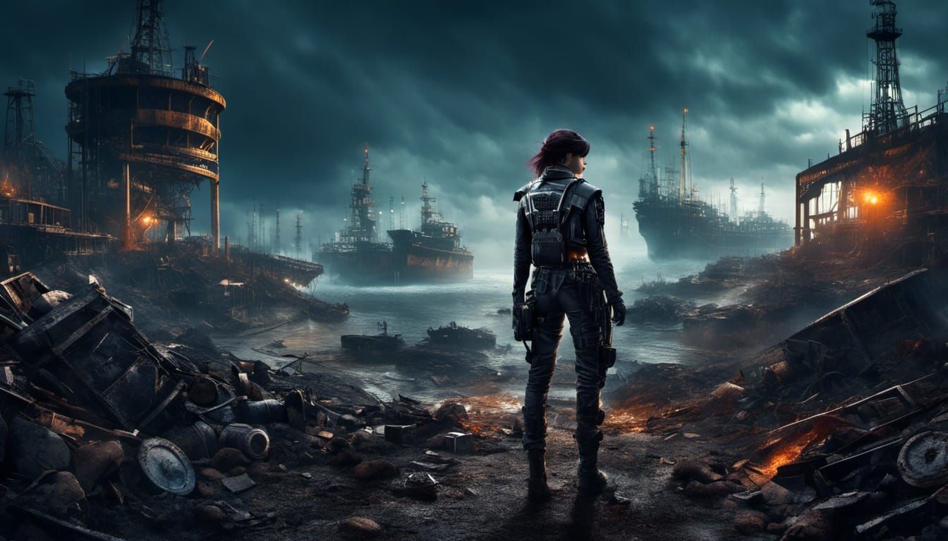 Cyborg in Trashpunk Wasteland at Night