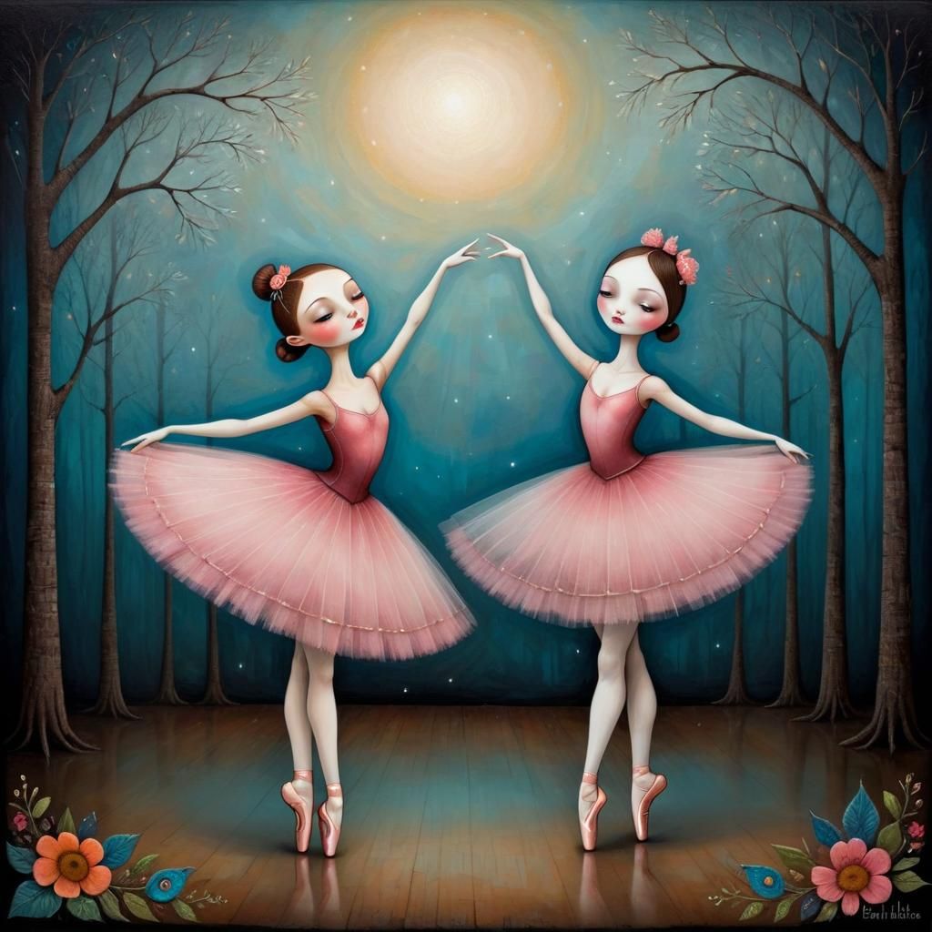 Ballerina Friends in Surreal Folk Art Style