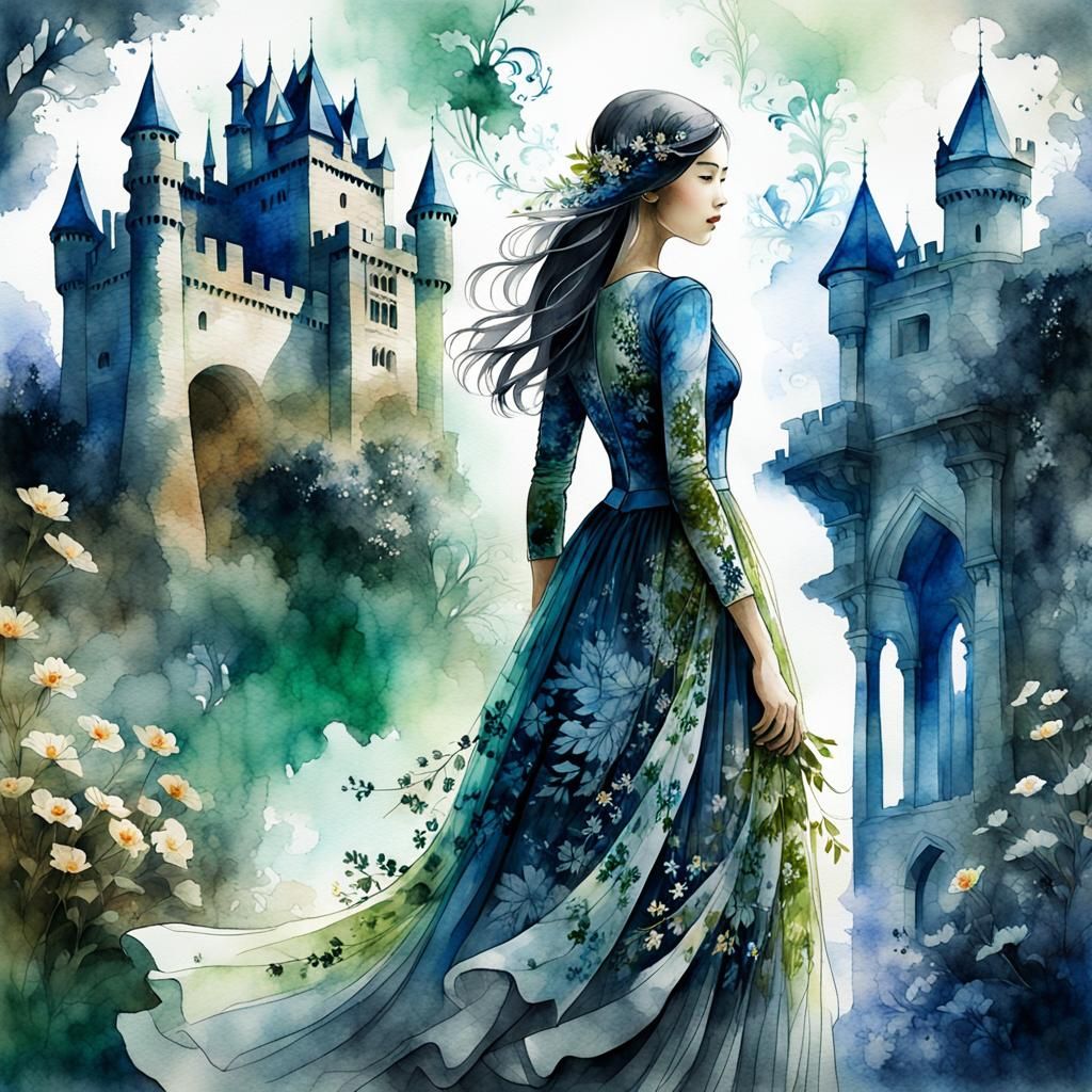 Fantasy Watercolor: Maiden, Flowers, and Castle