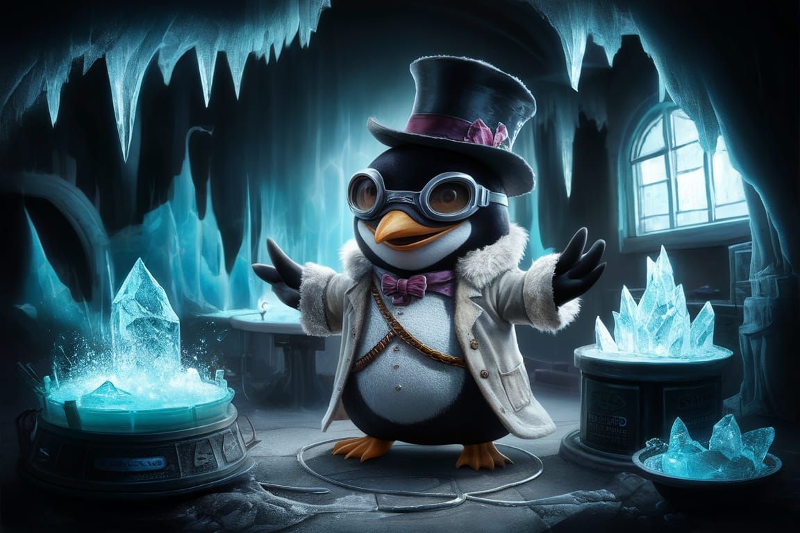 Chibi Penguin Mad Scientist in Ice Laboratory