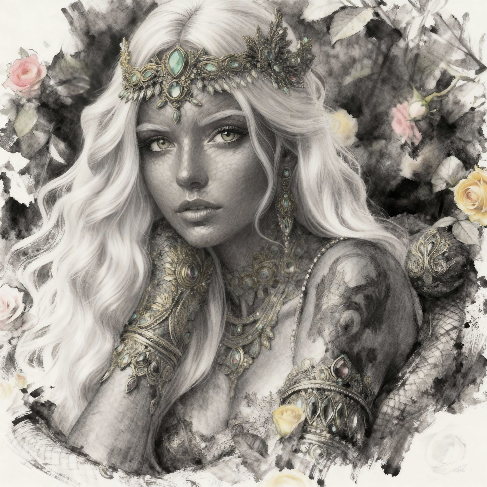 Dragon Queen With Charcoal and Brush Strokes