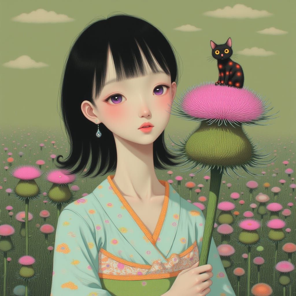 Japanese Woman with Thistle and Cat, Anime Style