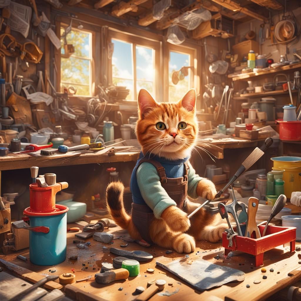 Handyman Cat Crafts Toy Car in Workshop
