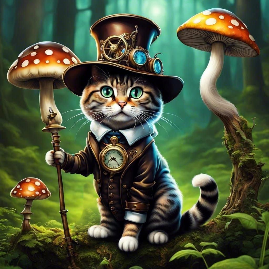 Steampunk Witch Cat in Optical Illusion Forest
