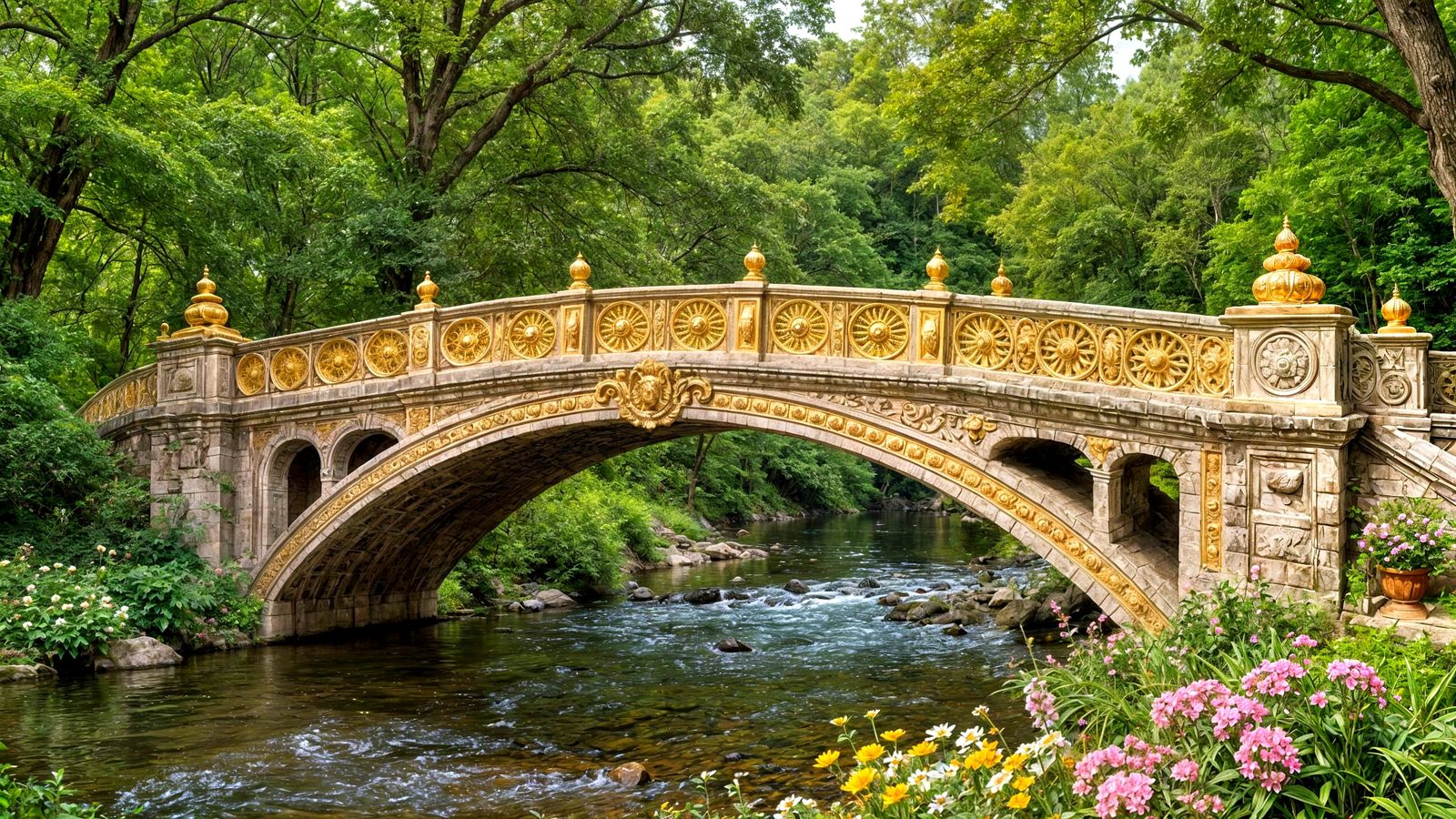 Majestic Gold-Adorned Stone Bridge in Lush Forest