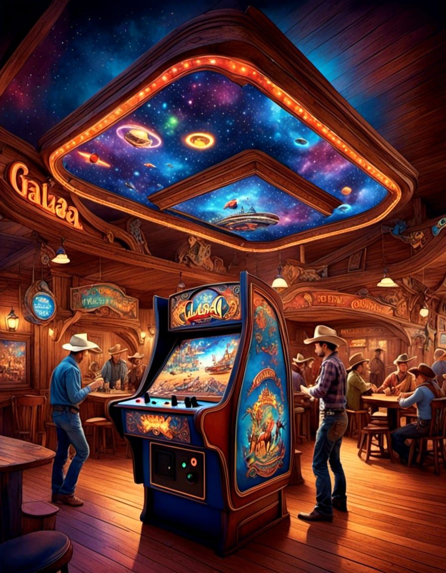 Galaga Console in Country Bar, Pixar-Style 3D Art