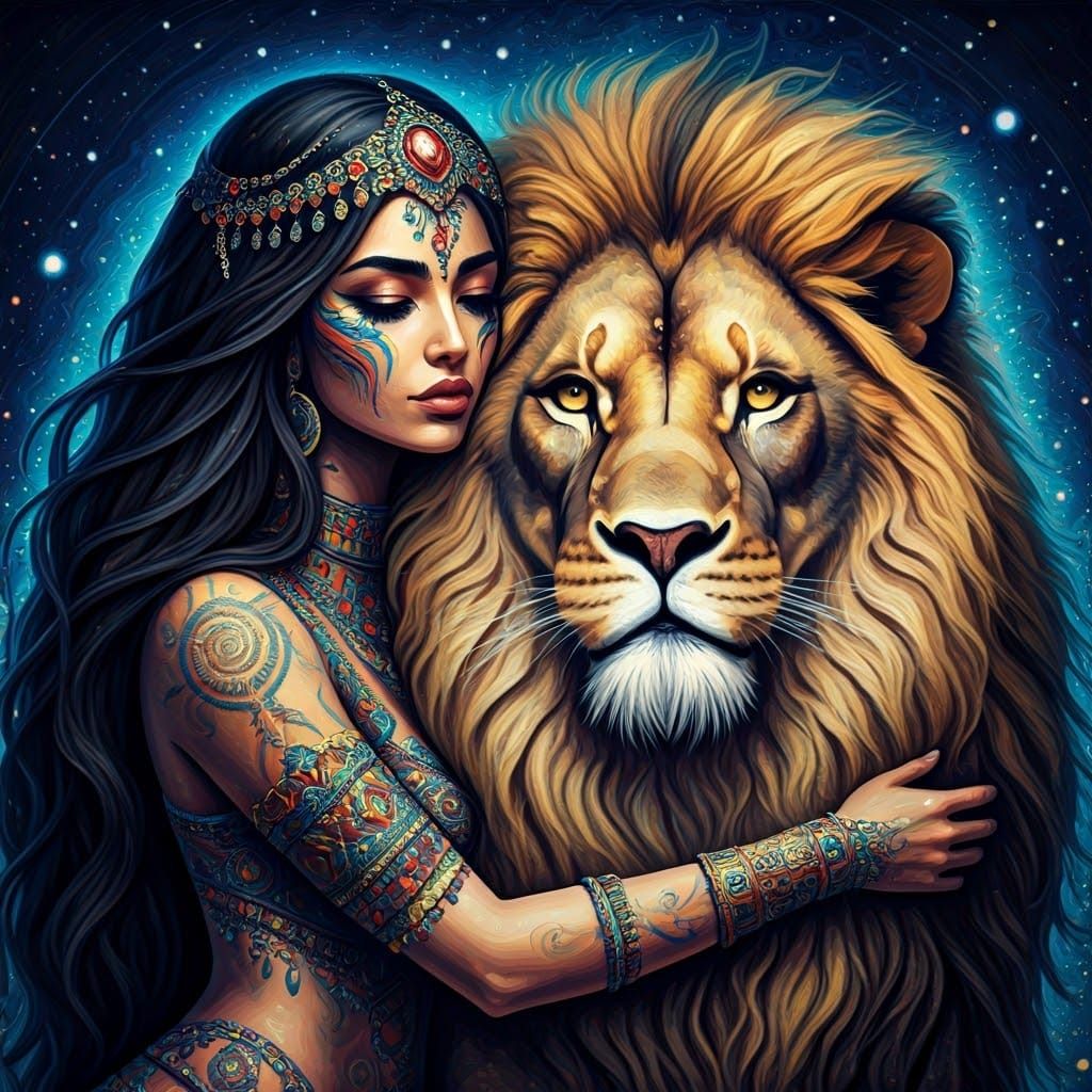 Bedouin Woman Embracing Lion in Dreamlike Pointillist Style