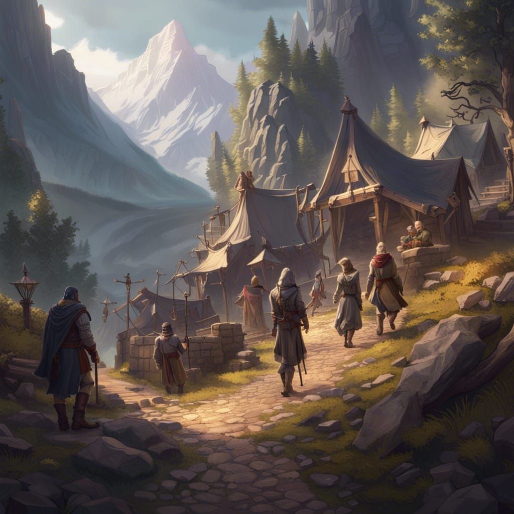 Travelers' Camp on Mountain Path: Fantasy Concept Art