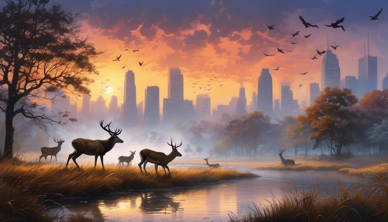 City Skyline Silhouette with Deer in Watercolor Style
