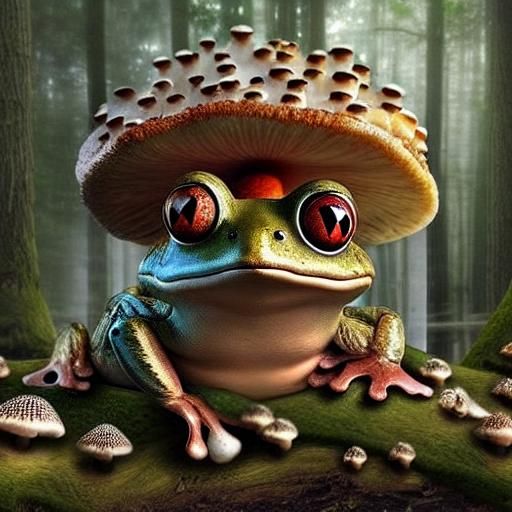 Mycelium Frog with Mushroom Hat in Ancient Forest