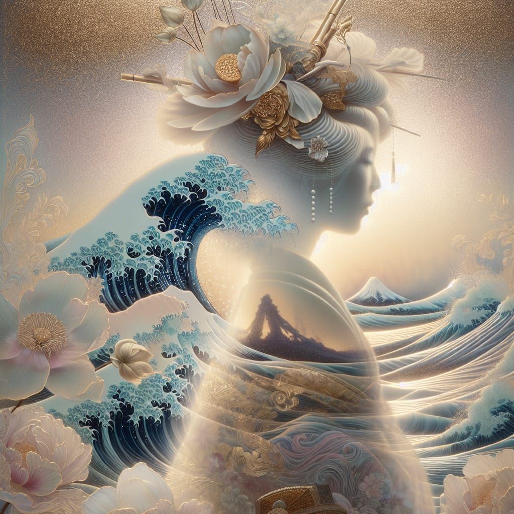 Ethereal Geisha Silhouette Rising from Tsunami