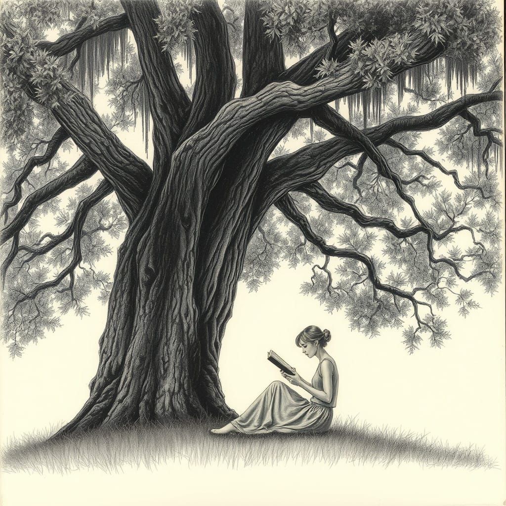 A Woman Contemplates Life's Mysteries in a Hyperdetailed Cha...