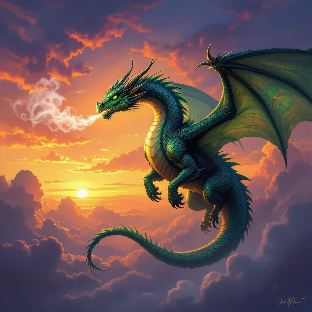 Majestic Dragon Soaring in Twilight Sky Oil Painting