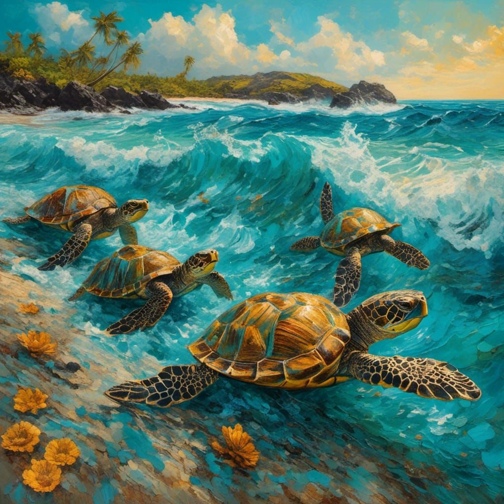 Galapagos Turtles in Van Gogh Impasto Style