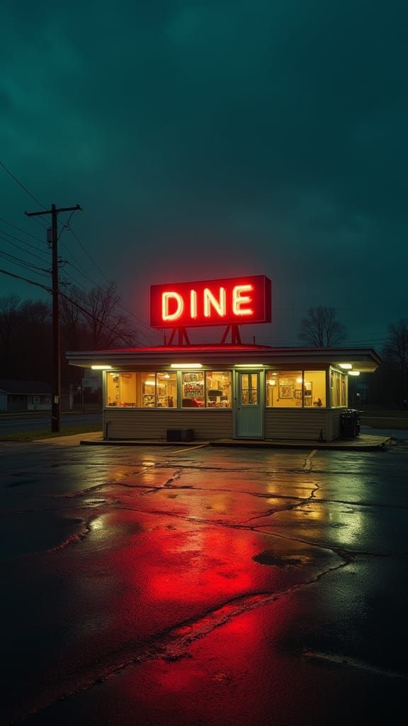Deserted Roadside Diner at Night in Cinematic Style