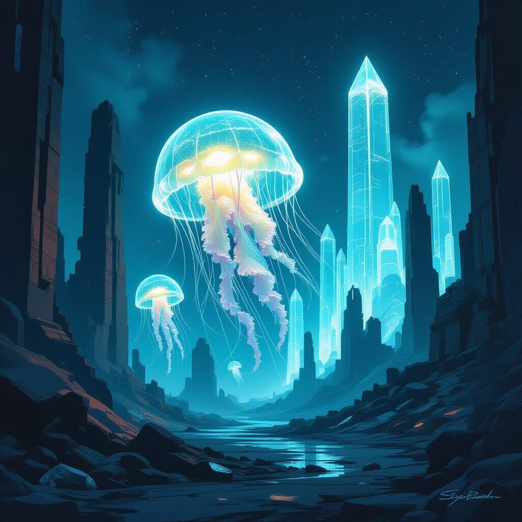 Bioluminescent Jellyfish in Martian City Ruins