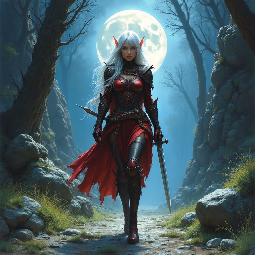 Mystical Elf in Moonlit Woodlands, Fantasy Art