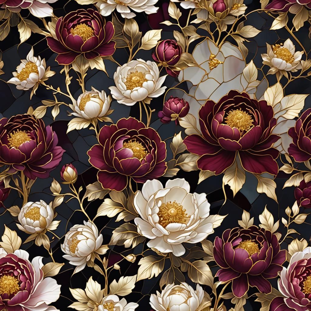 Stained Glass Peonies with Gold Foil Highlights