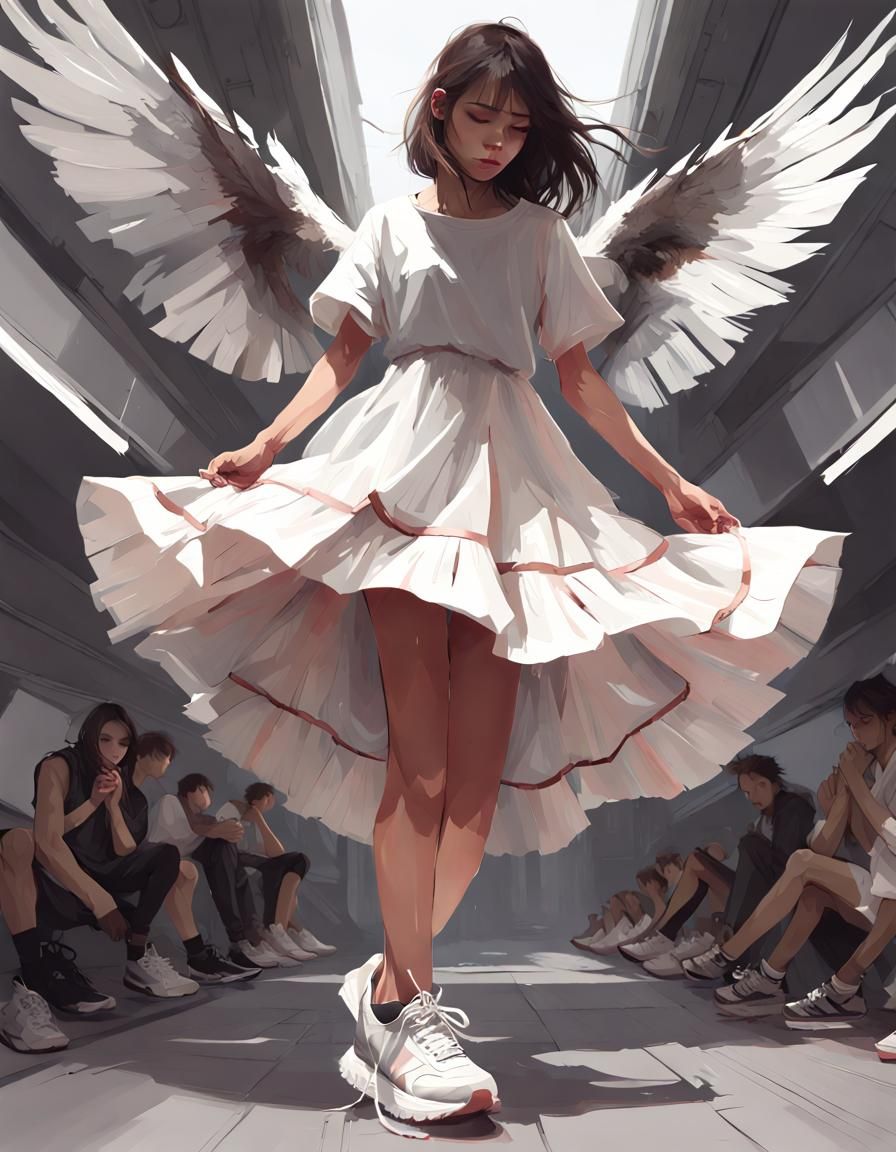 Floating Figure in Dress and Sneakers: Digital Art