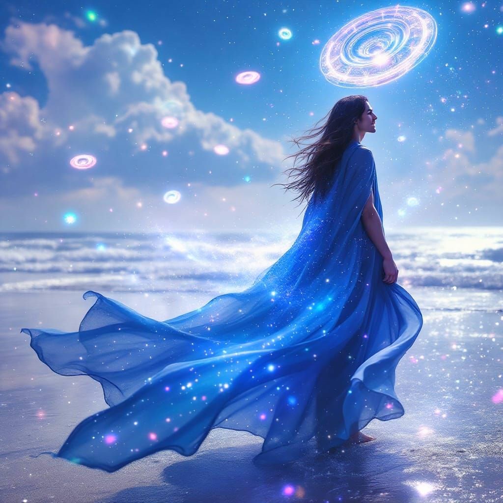 Ethereal Fantasy Figure Amidst Shimmering Spaceships on a Pr...