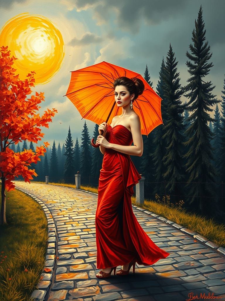 Woman with Parasol in Autumnal Impasto Painting