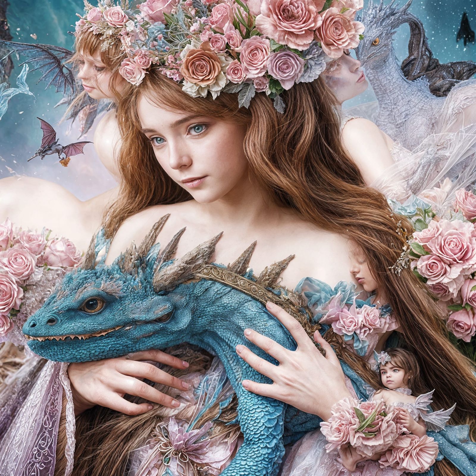 Ethereal Fantasy Scene with Magical Woman and Majestic Drago...