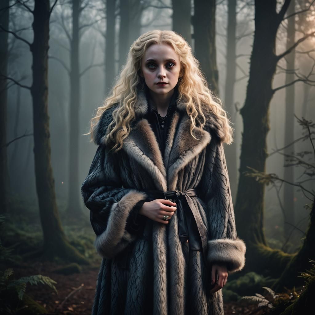 Vampire in Fur Coat: Hyperrealistic Forest Portrait