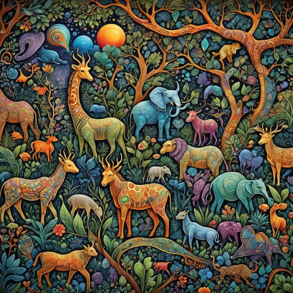 African Animals Tapestry in Fractal Art Style