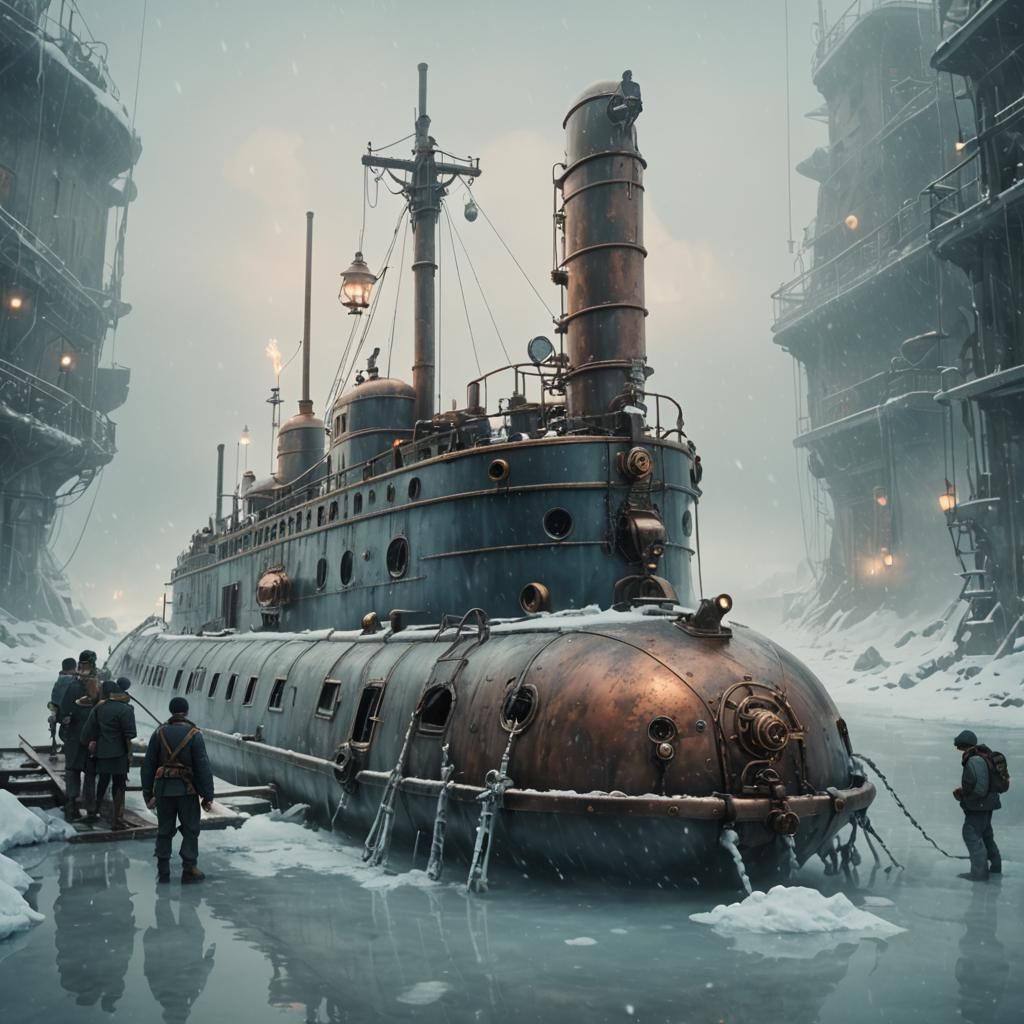 Steampunk Submarine Frozen in Shipyard: Sci-Fi Illustration