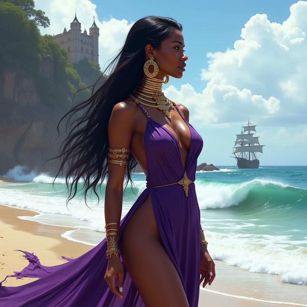 Fantasy Portrait: Confident Sorceress on a Stormy Beach
