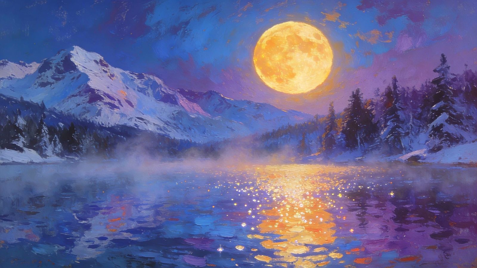 Post-Impressionist Moonlit Lake at Dusk