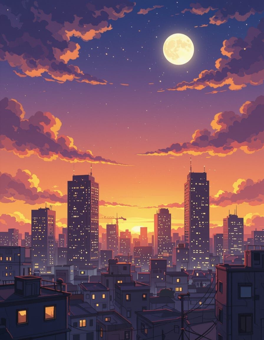 Anime City View at Golden Hour in Lofi Art Style