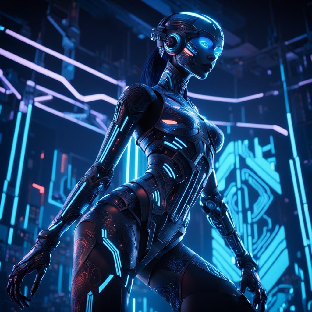 Neon Noir Robot Pole Dance in Futuristic Club