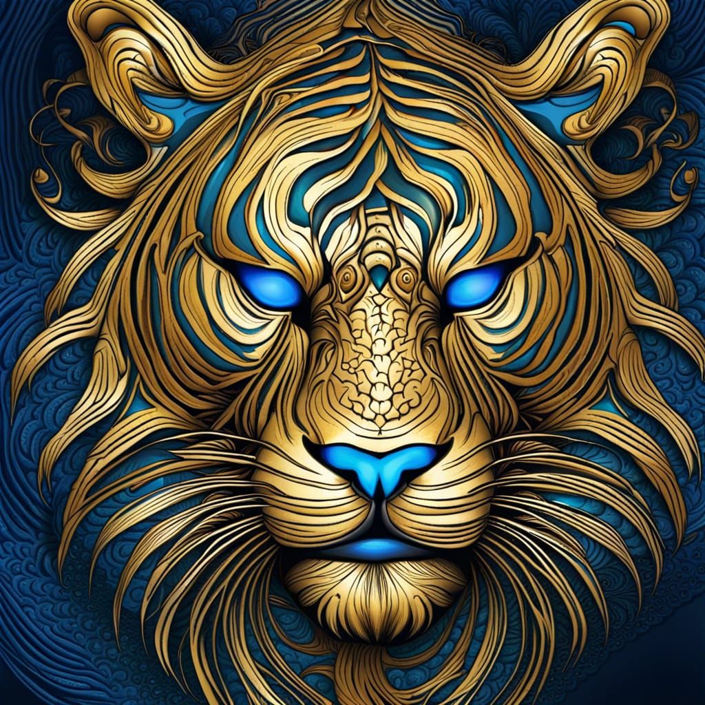 Gold and Blue Striped Tiger with Fractal Patterns