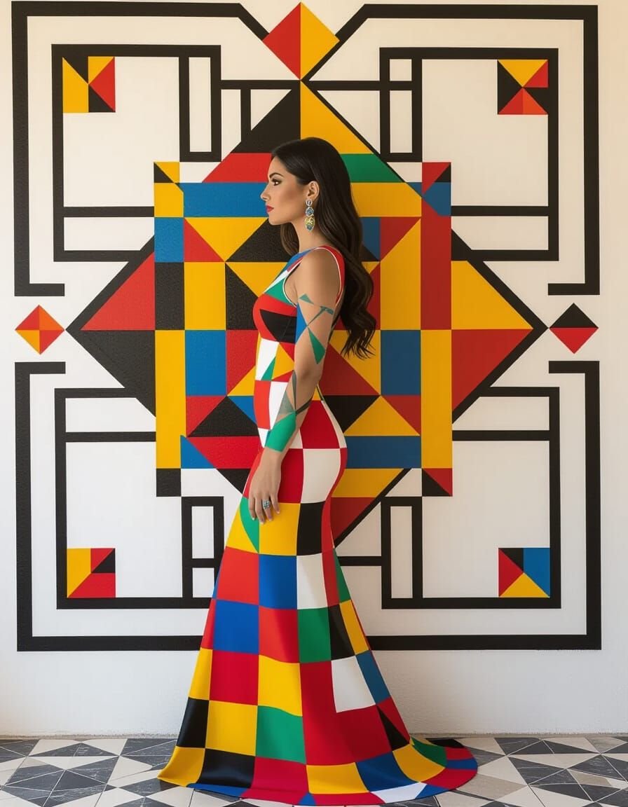 Woman Merges with Geometric Wall Art