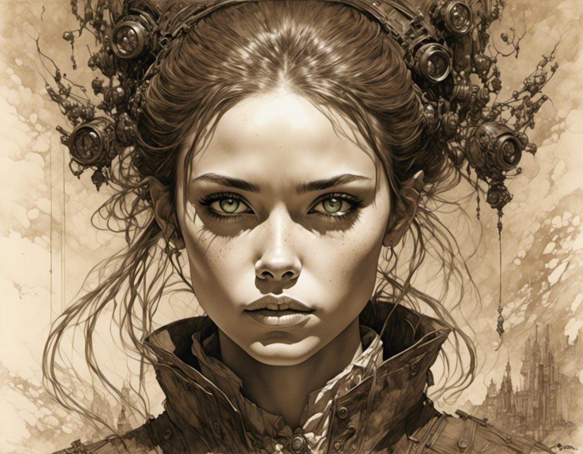 Green-Eyed Woman: Sepia Portrait in Fantasy Style