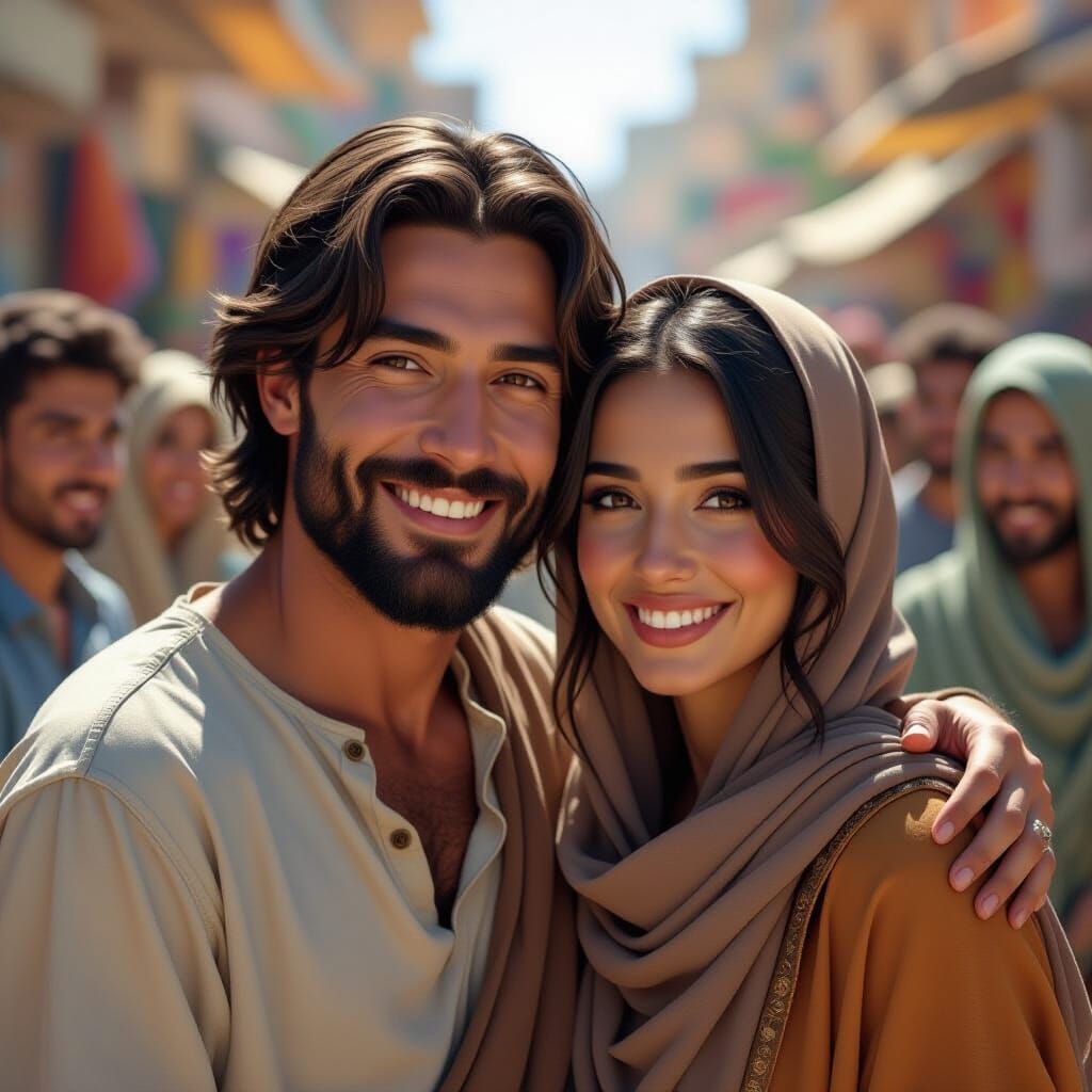 Jesus and Woman in Crowd, Hyperrealistic Digital Art