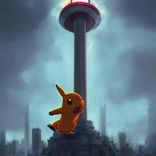 Pikachu vs Knuckles on CN Tower, Digital Art