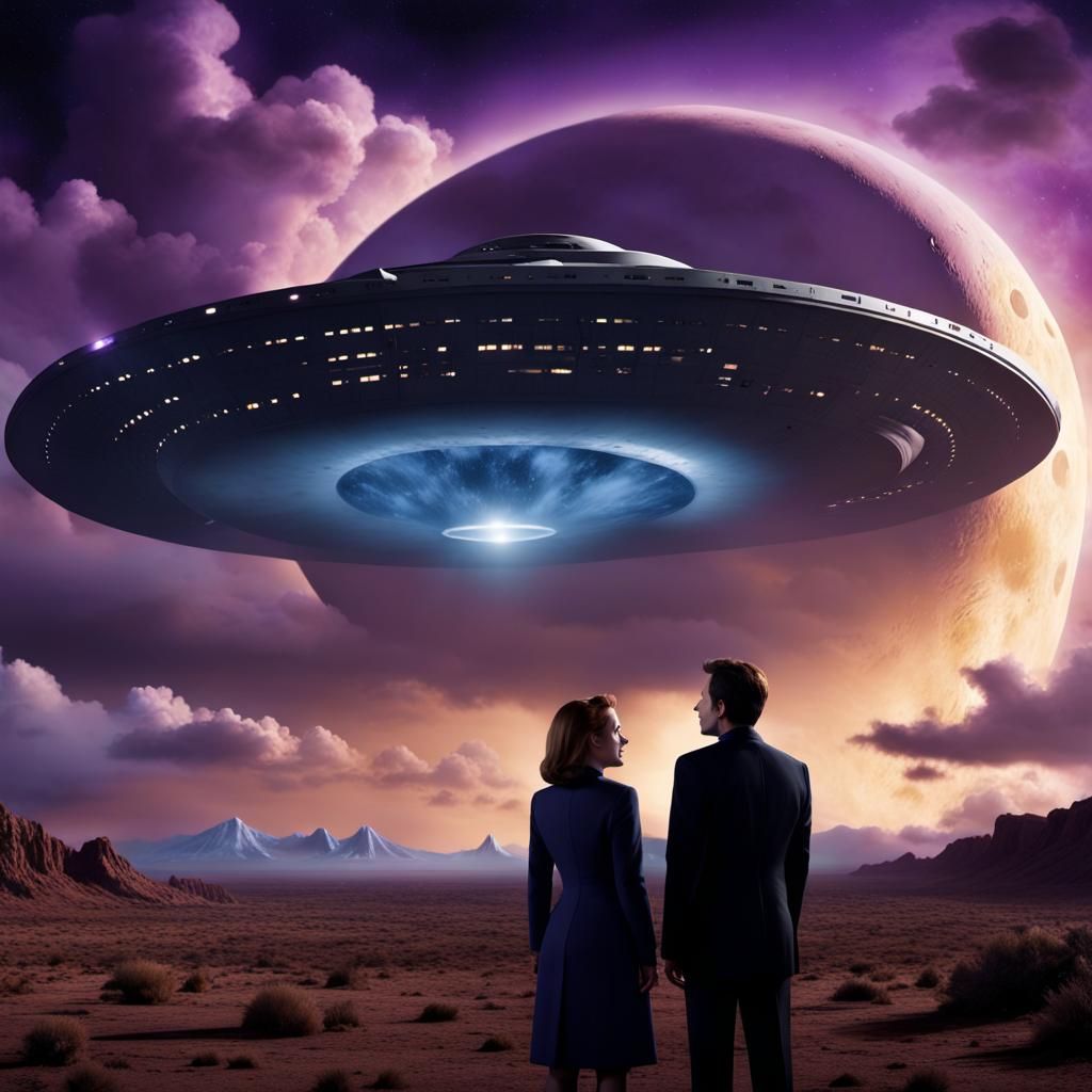 Mulder and Scully Gaze at Enterprise in Sci-Fi Sky
