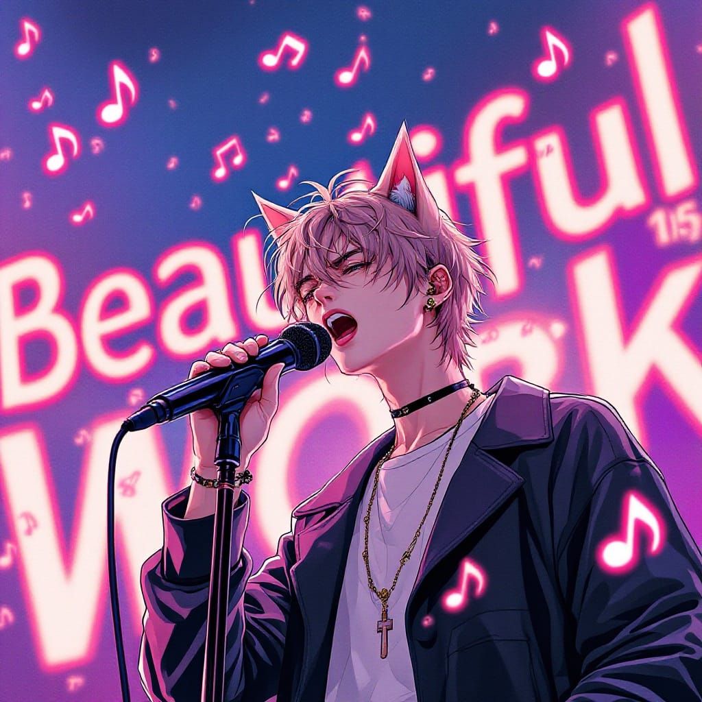 Manga-Inspired Neko Musician Performs with Vibrant Energy