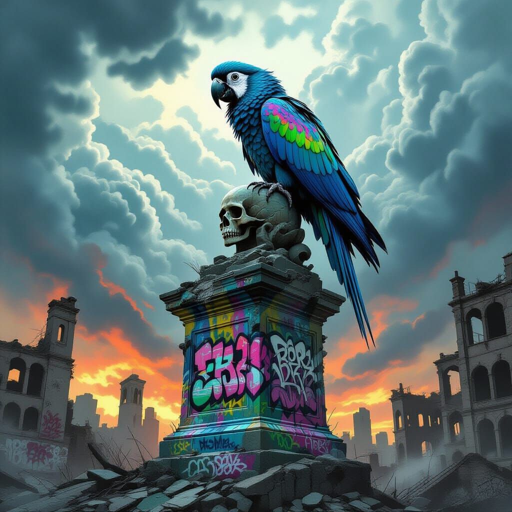 Metallic Parrot on Statue in Post-Apocalyptic City