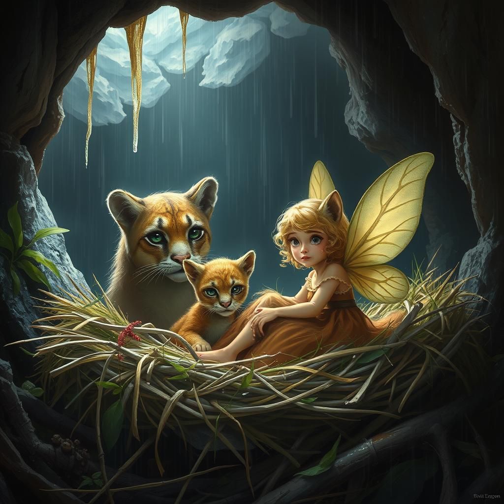 Puma Family Shelters Fairy from Rain, Detailed Matte Paintin...