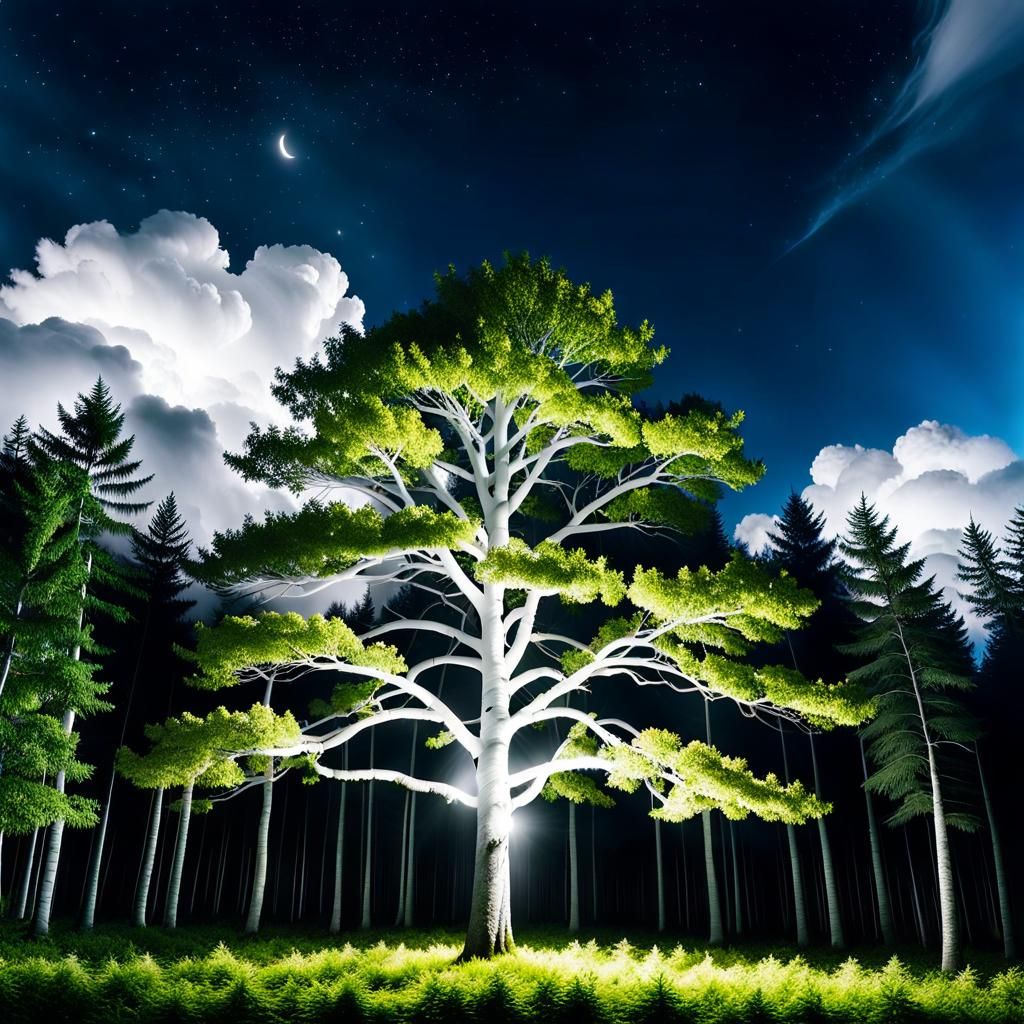 Cloud Tree Illuminates Forest Night Sky