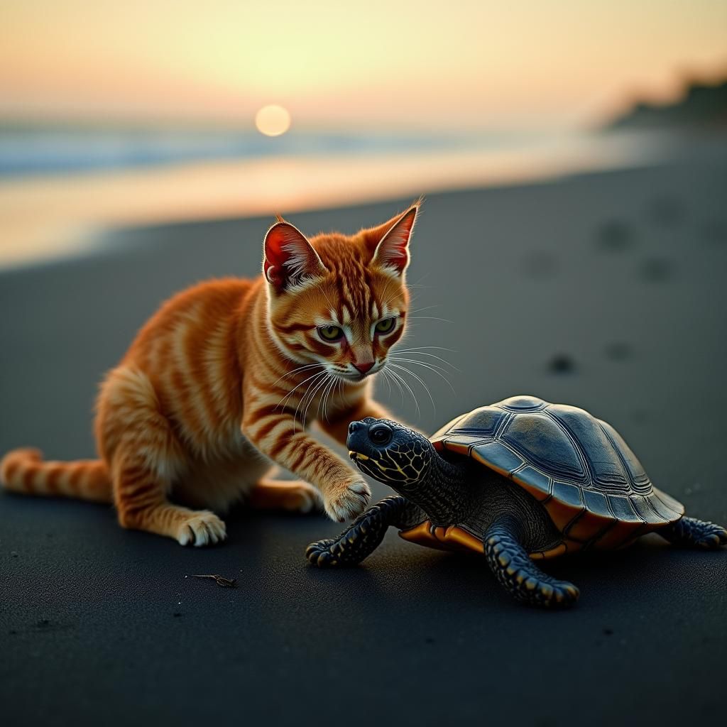 Orange Cat and Turtle Play on Dark Beach