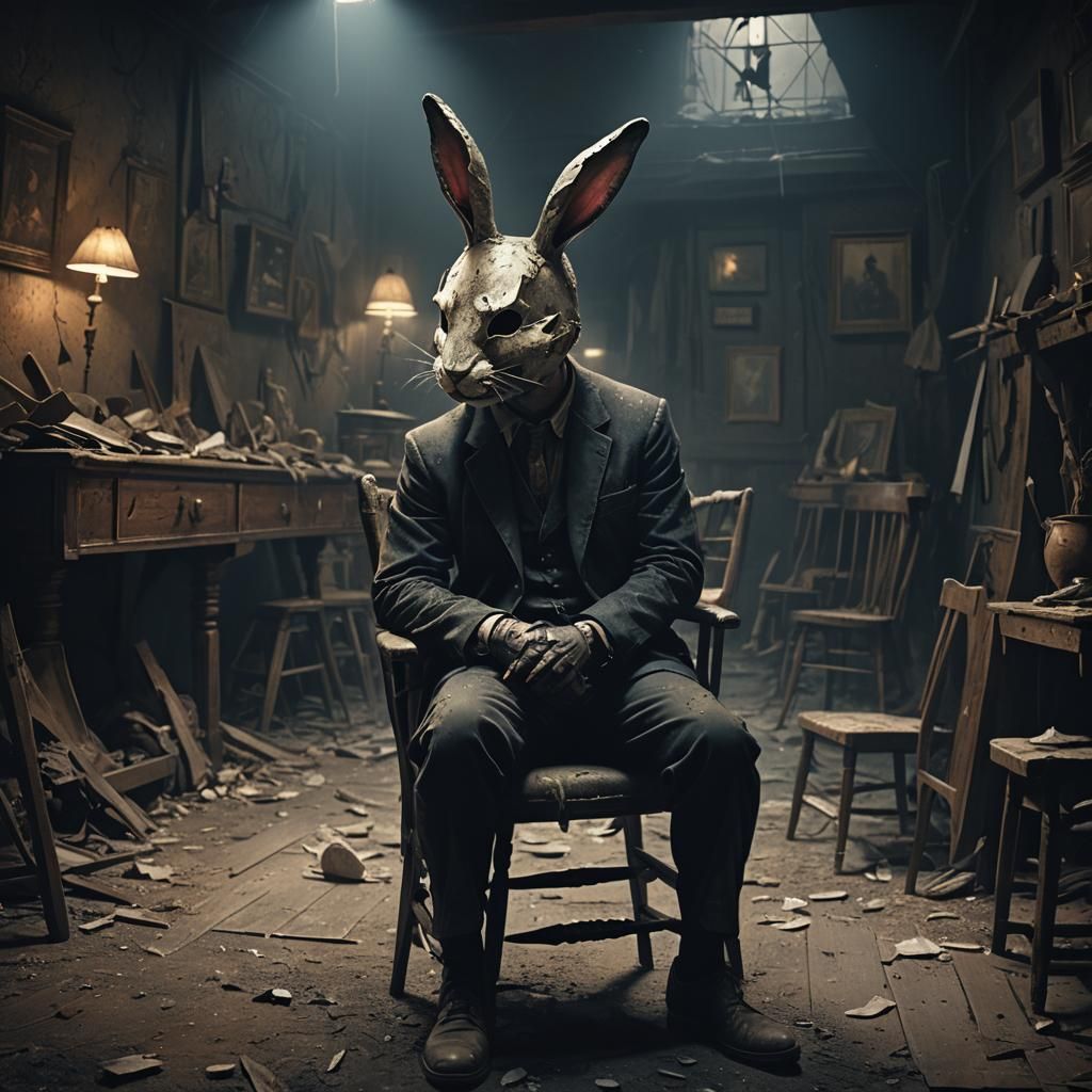 Bunny Mask Figure in Dark Fantasy Room