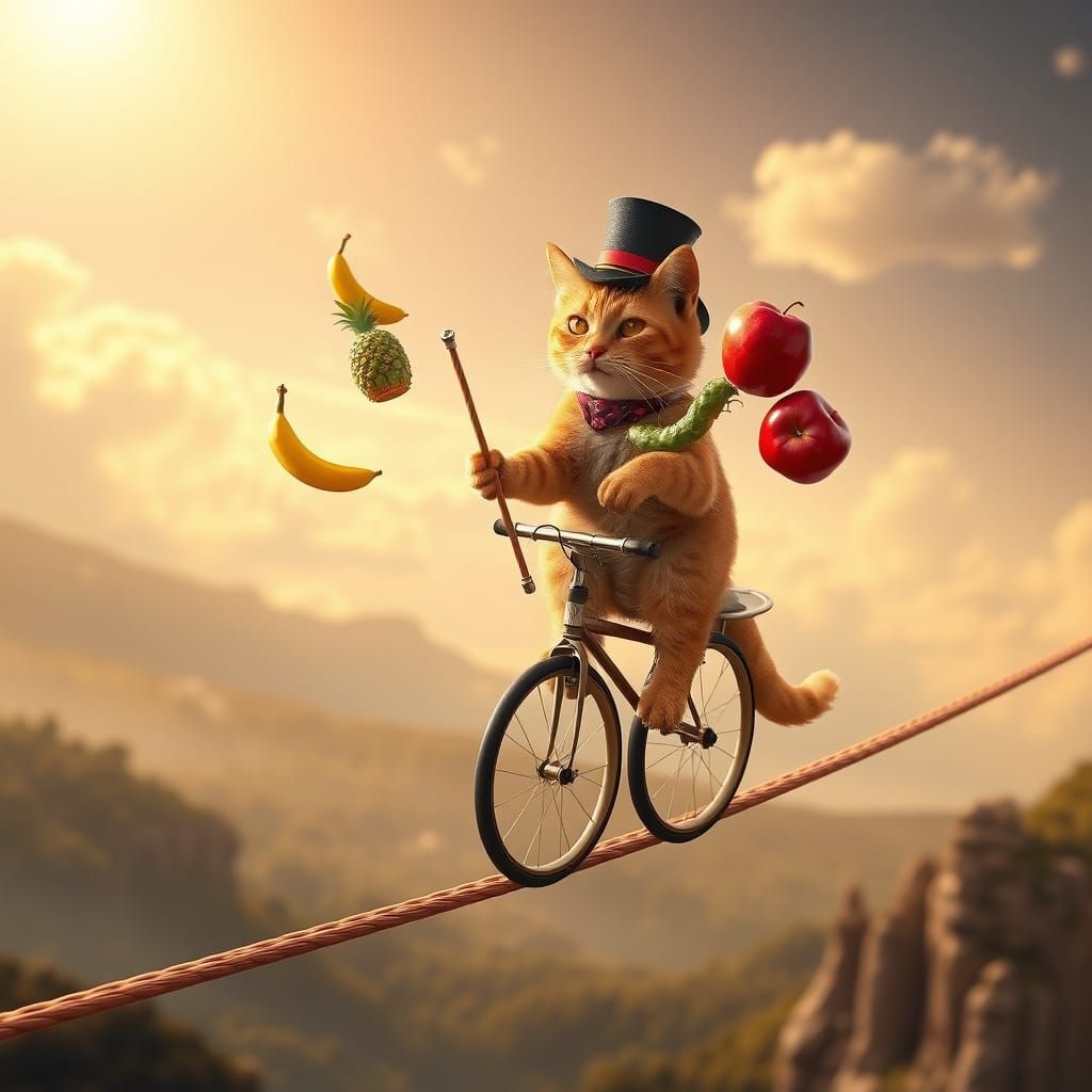 Whimsical Ginger Cat Juggles Fruits on Unicycle in Dreamlike...