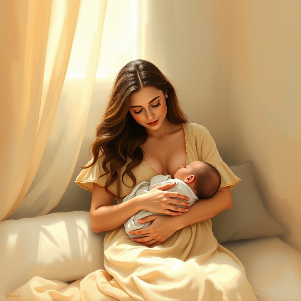 Impressionistic Painting of Woman Breastfeeding in Earth Ton...