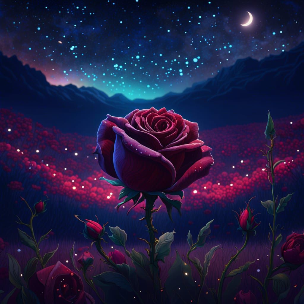 Rose Meadow Under Starry Sky: Fantasy Concept Art