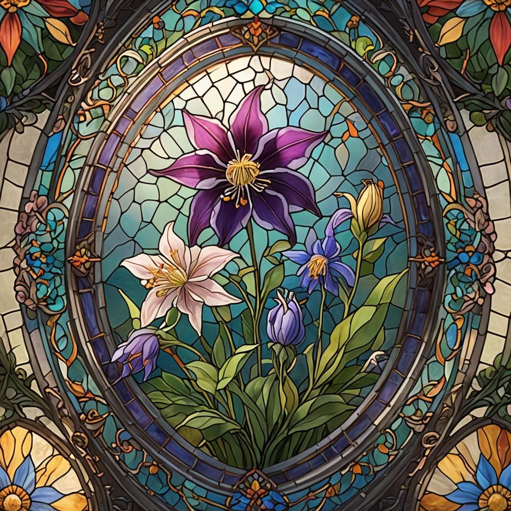 Vibrant Columbine Flower in Traditional Stained Glass Art