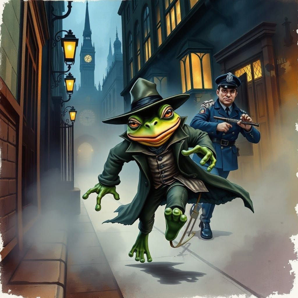 Mysterious Frog Thief Pursued by London Bobby in Whimsical F...